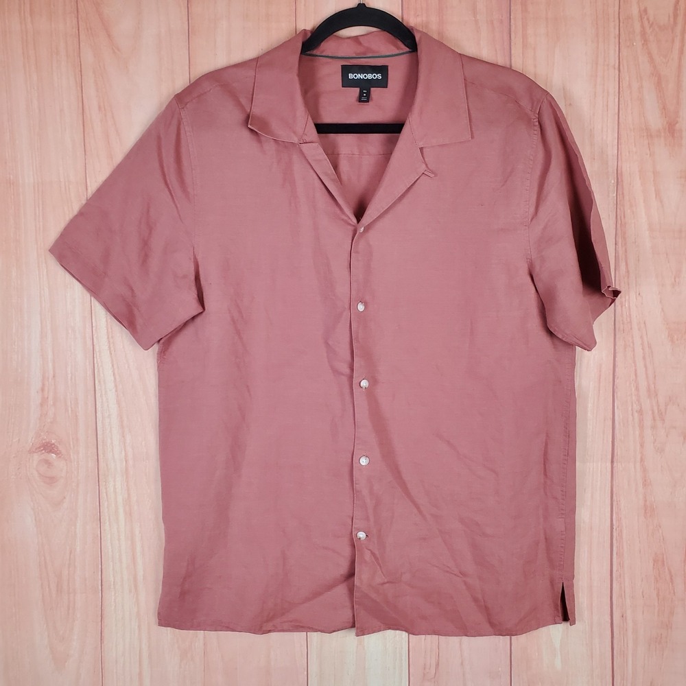 Bonobos Mens Shirt Medium Dusty Pink Linen Collared Short‎ Sleeve Button Up